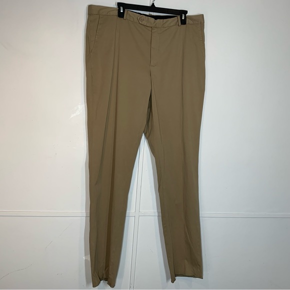 NORDSTROM Trim Straight Leg Stretch Flat Front Chino Trousers in Tan Desert - Picture 2 of 13